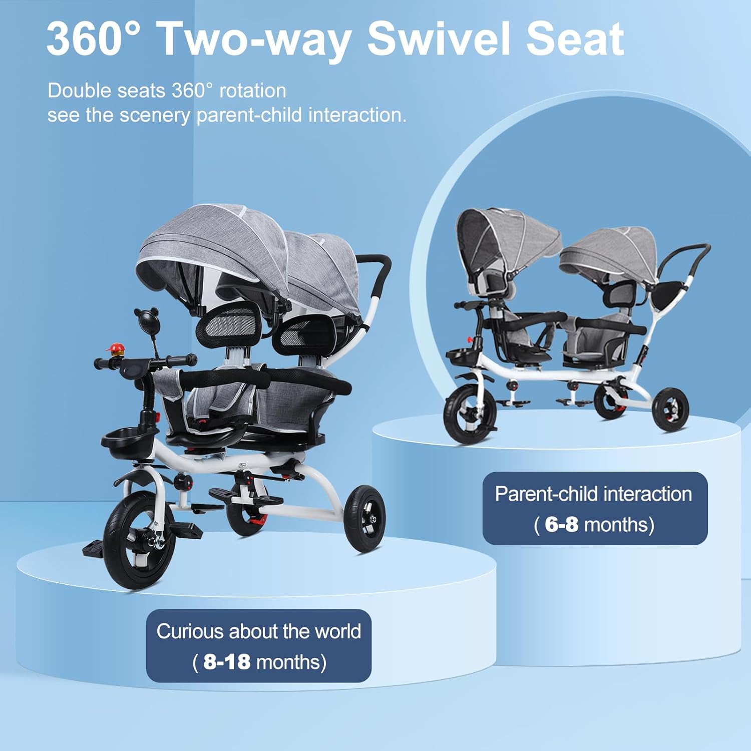 Lightweight Double Toddler Stroller 3-5 Year Old, Sit and Stand Compact Stroller for Travel Infant Tricycle with Anti-Roll Rubber Wheels, Gift for Boys and Girls, Gray