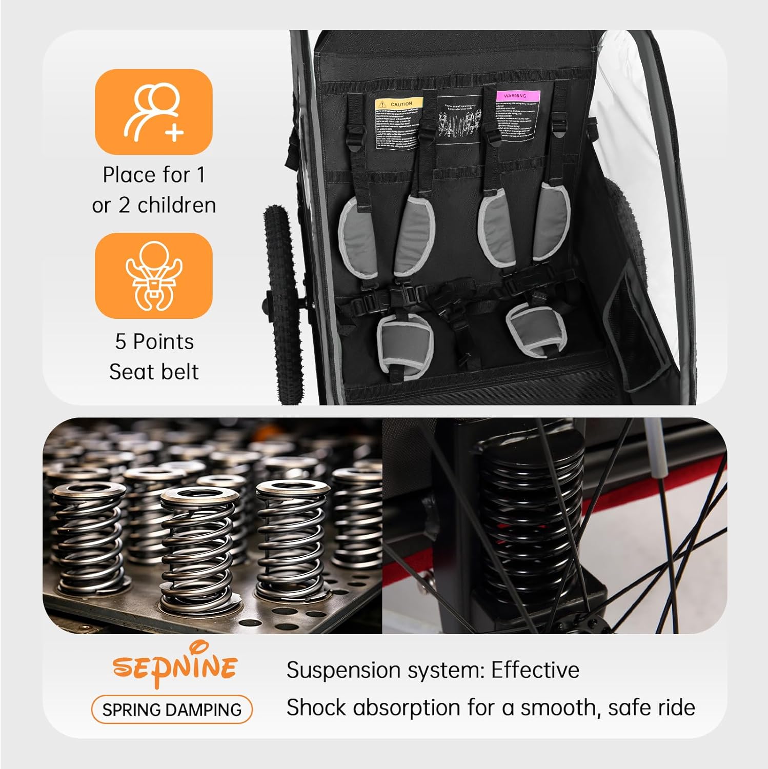 Sepnine 2-in-1 Kids Bike Trailer and Stroller with Suspension – Bike Trailer for 1 to 2 Children, Jogging Function, Foldable, 5-Point Harness, Spacious Storage, with Bug Screen and Weather Shield