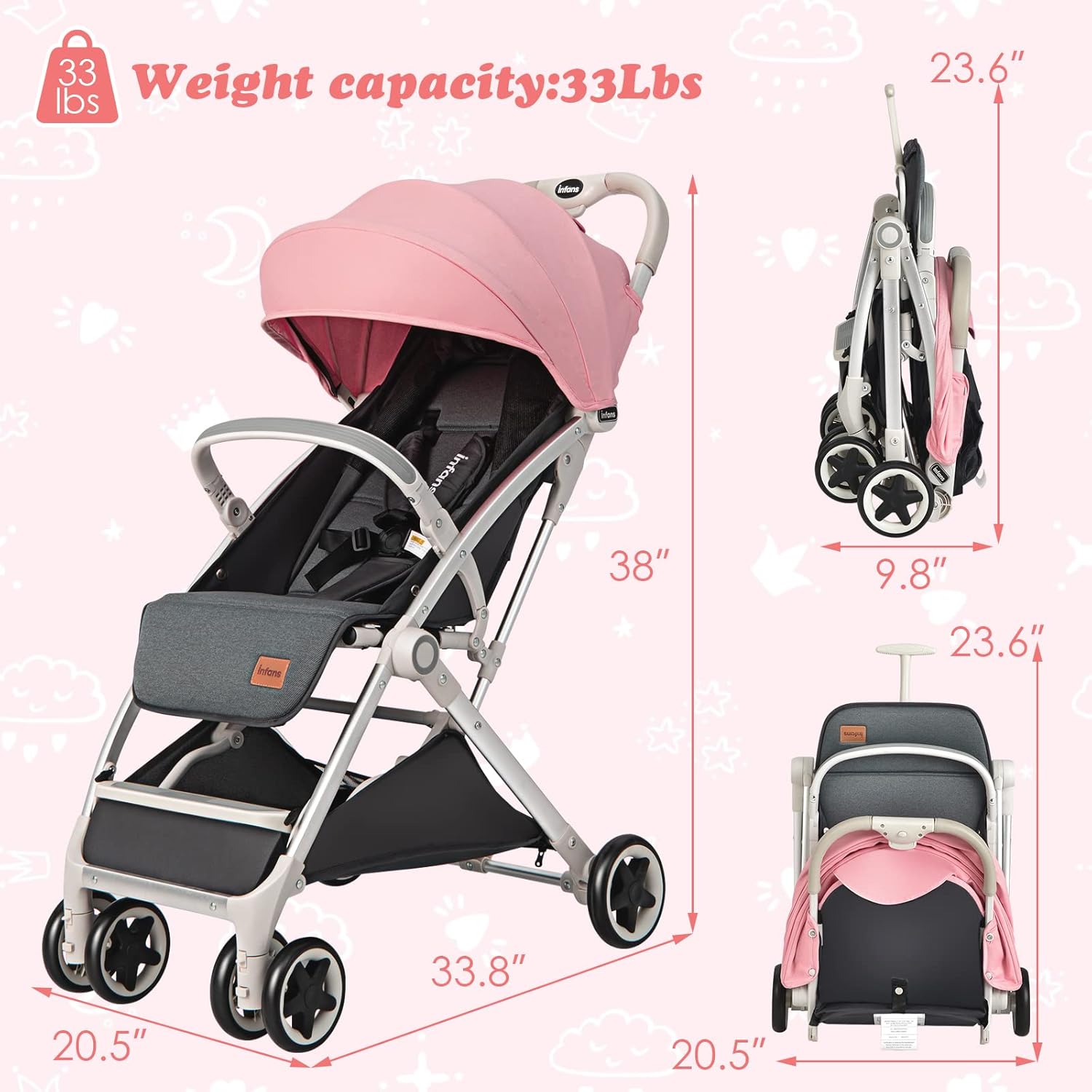 INFANS Lightweight Baby Stroller, Compact Infant with One-Hand Fold, Travel Stroller for Airplane with Cup Holder, Canopy 5-Point Harness Foot Cover for 0-36 Month (Pink)
