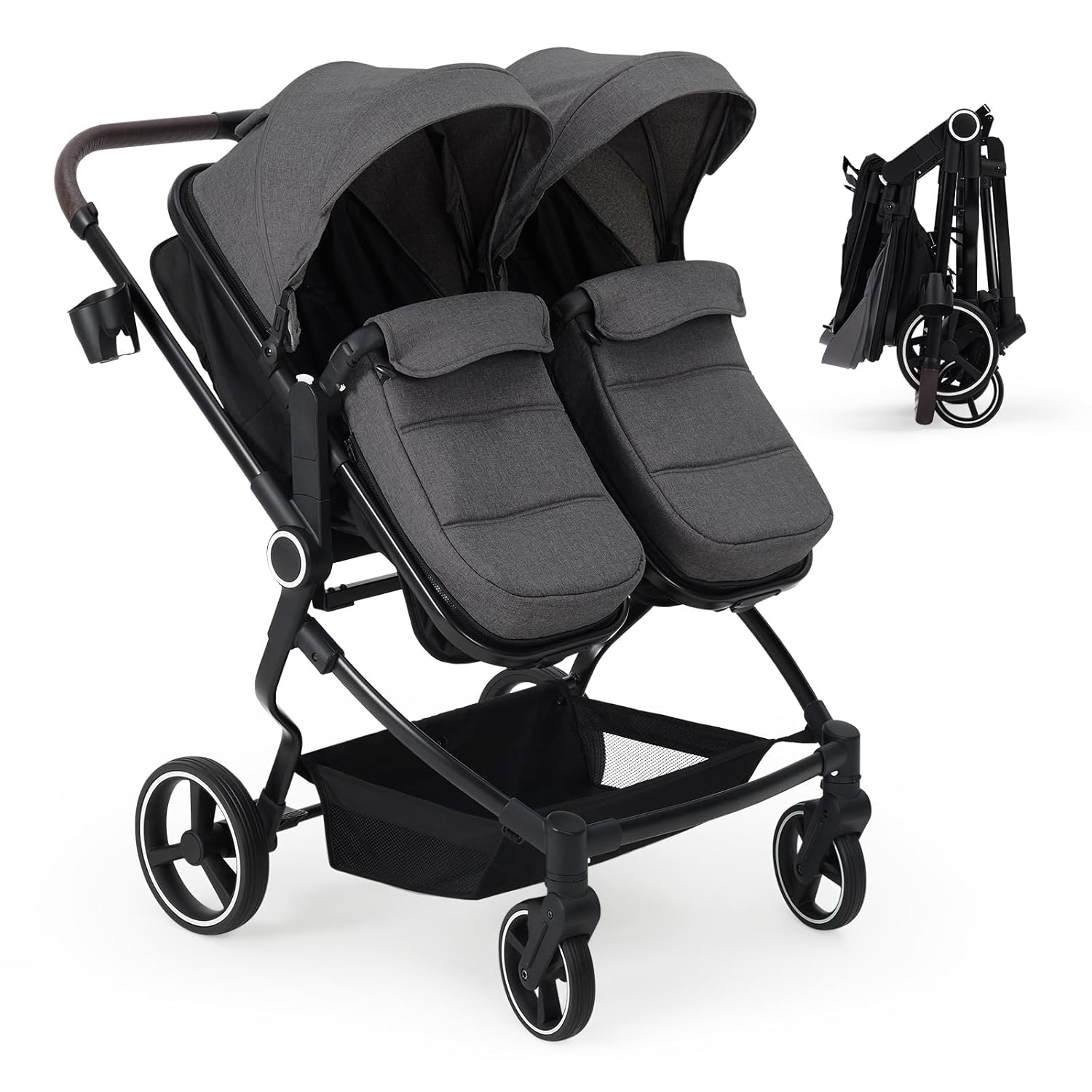 Side by Side Double Stroller for Twins, Lightweight Compact Foldable Baby Travel Stroller with High Landscape Seat, Adjustable Canopy & Recline for Infant and Toddler, Dark Grey