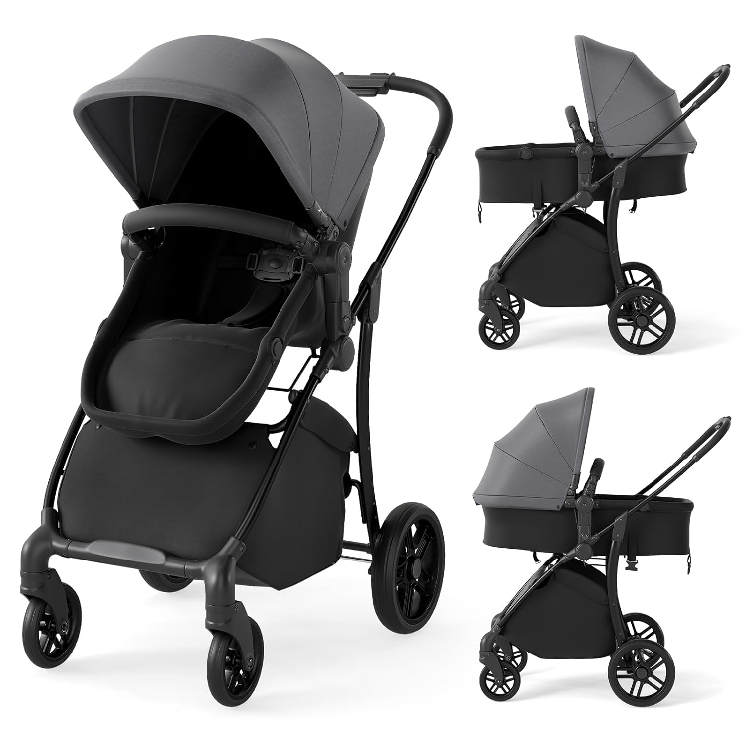 HONEY JOY 2 in 1 Baby Stroller, Convertible Pram Stroller w/Bassinet, Reversible Seat, Adjustable Backrest & Canopy, High Landscape One-Hand Fold Pushchair for Newborn Infants 0-36 Months (Gray)