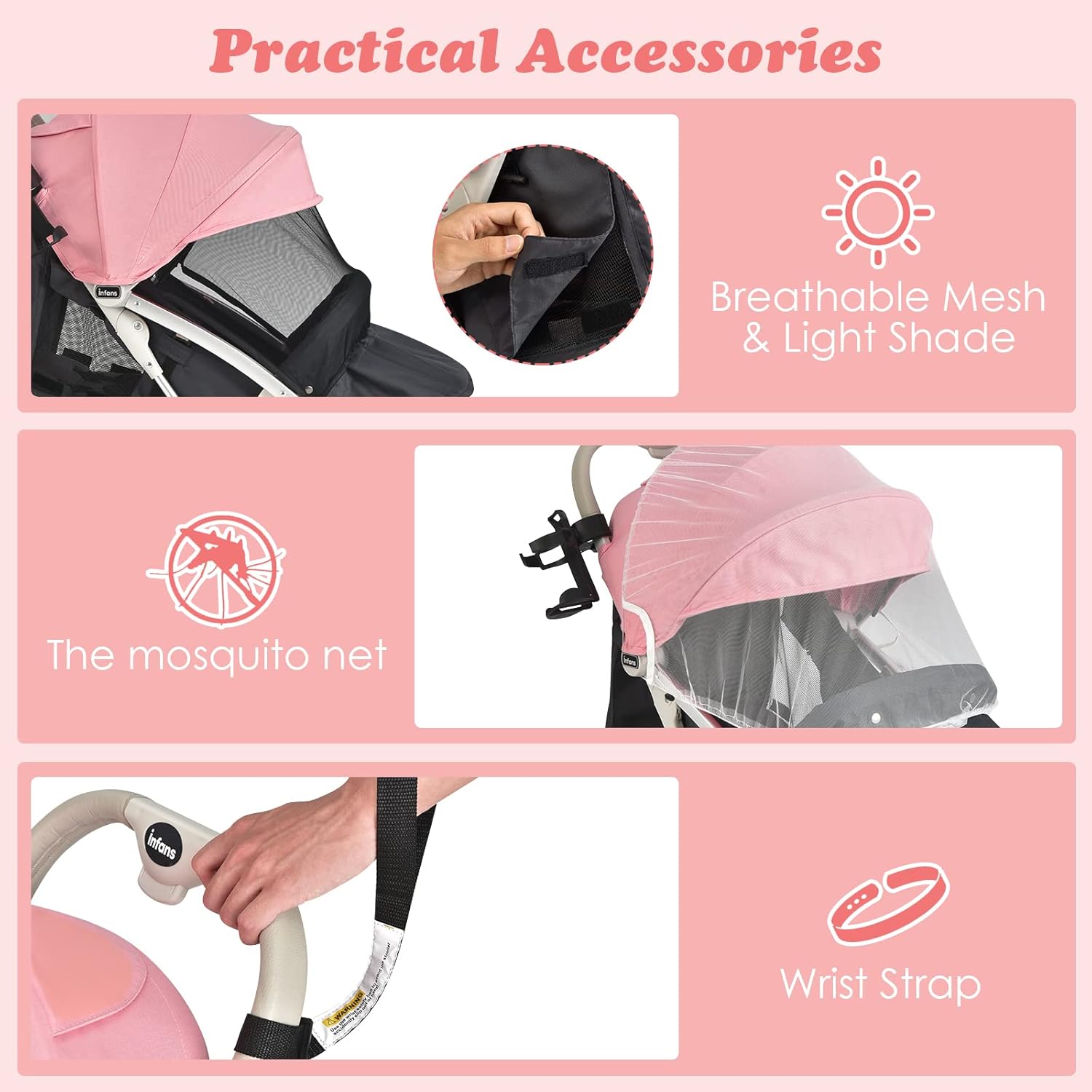 INFANS Lightweight Baby Stroller, Compact Infant with One-Hand Fold, Travel Stroller for Airplane with Cup Holder, Canopy 5-Point Harness Foot Cover for 0-36 Month (Pink)
