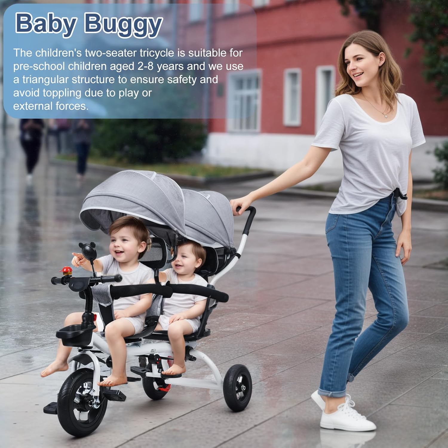 Lightweight Double Toddler Stroller 3-5 Year Old, Sit and Stand Compact Stroller for Travel Infant Tricycle with Anti-Roll Rubber Wheels, Gift for Boys and Girls, Gray
