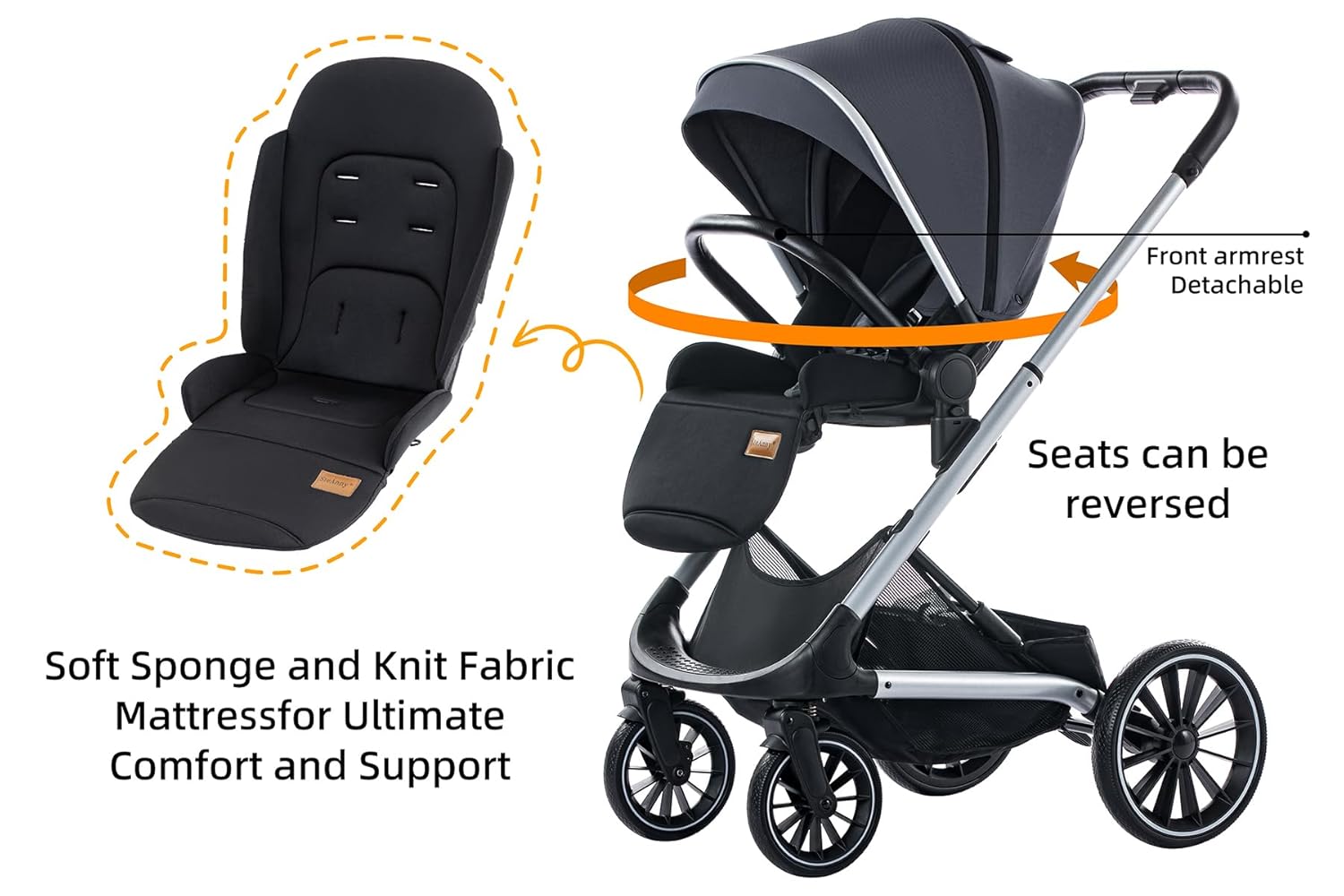 Wagon Pram, Convertible Stroller with Reversible Seat, Foldable Newborn Stroller with Bassinet Mode, Oversized Wheels Luxury Baby Carriage Suit Toddler Infant,Gray (Green)