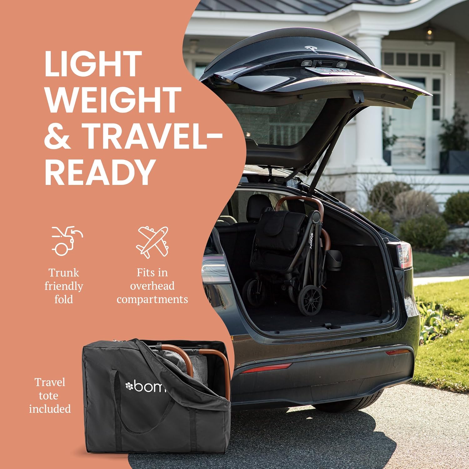 Bombi Bēbee V2 Lightweight Baby Stroller - Premium Vegan Leather, One-Hand Fold, Infinite Recline, Aircraft-Grade Aluminum Frame, XXL Canopy, and Ample Storage Umbrella Stroller - Sand