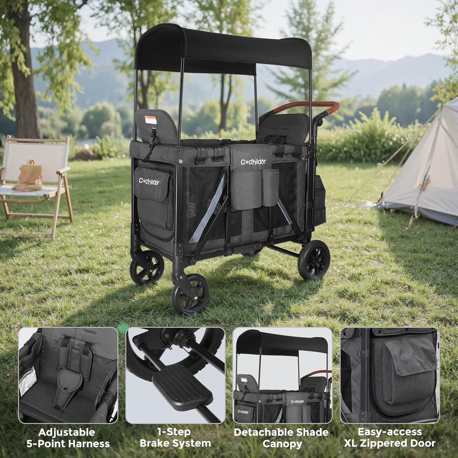 Elite 2 Seater Wagon Stroller for Kids, Foldable Stroller Wagon with Removable Seats & Canopy, 5-Point Safety Harness, Adjustable Handle, Dark Gray