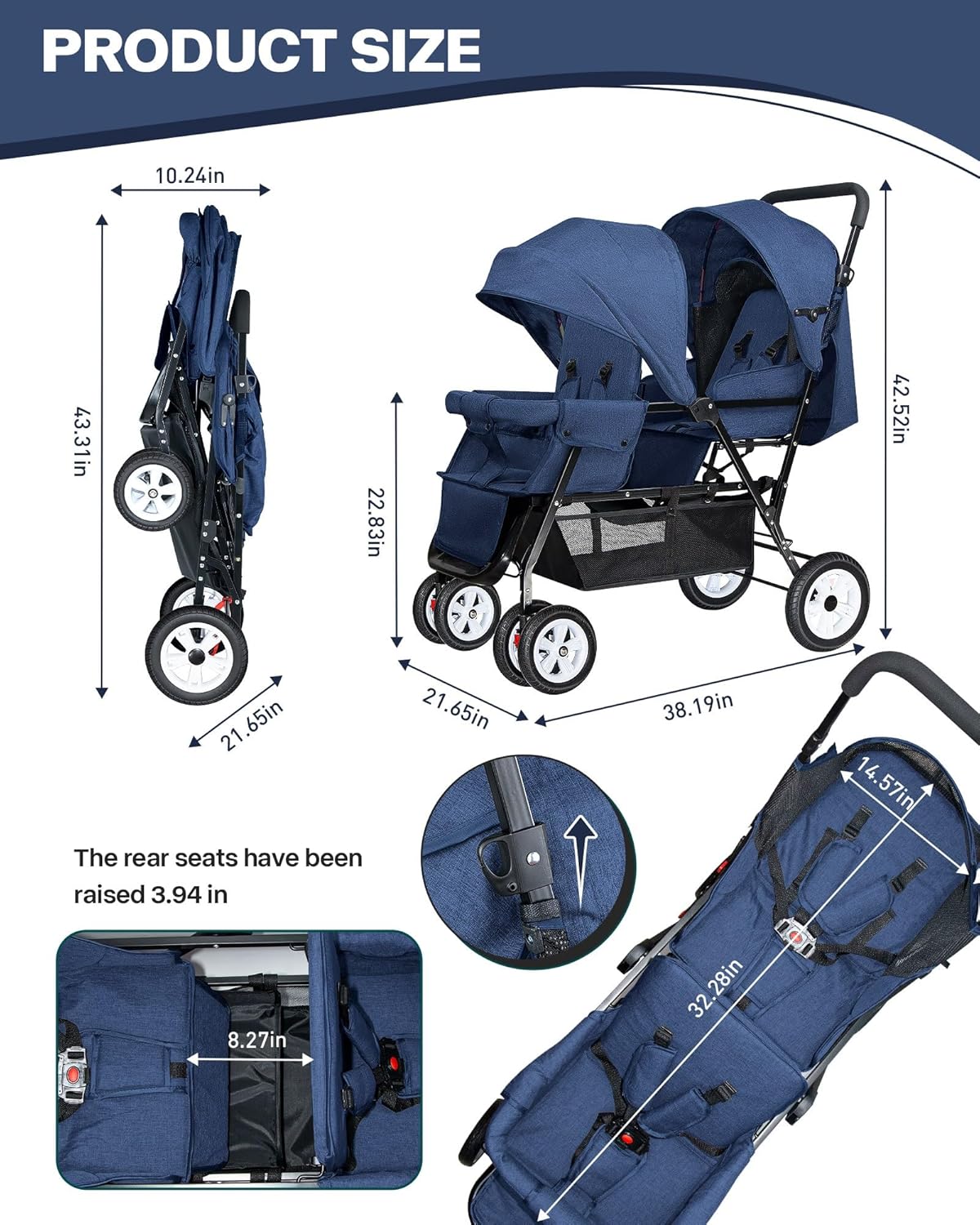 Double Stroller for Infant Toddler, Foldable Double Baby Stroller with Tandem Seating and Adjustable Backrest - Extra Gift Toys/Mosquito Net/Sleeping Mats/ 2 Cotton Pads/ 2 Hooks (Blue)