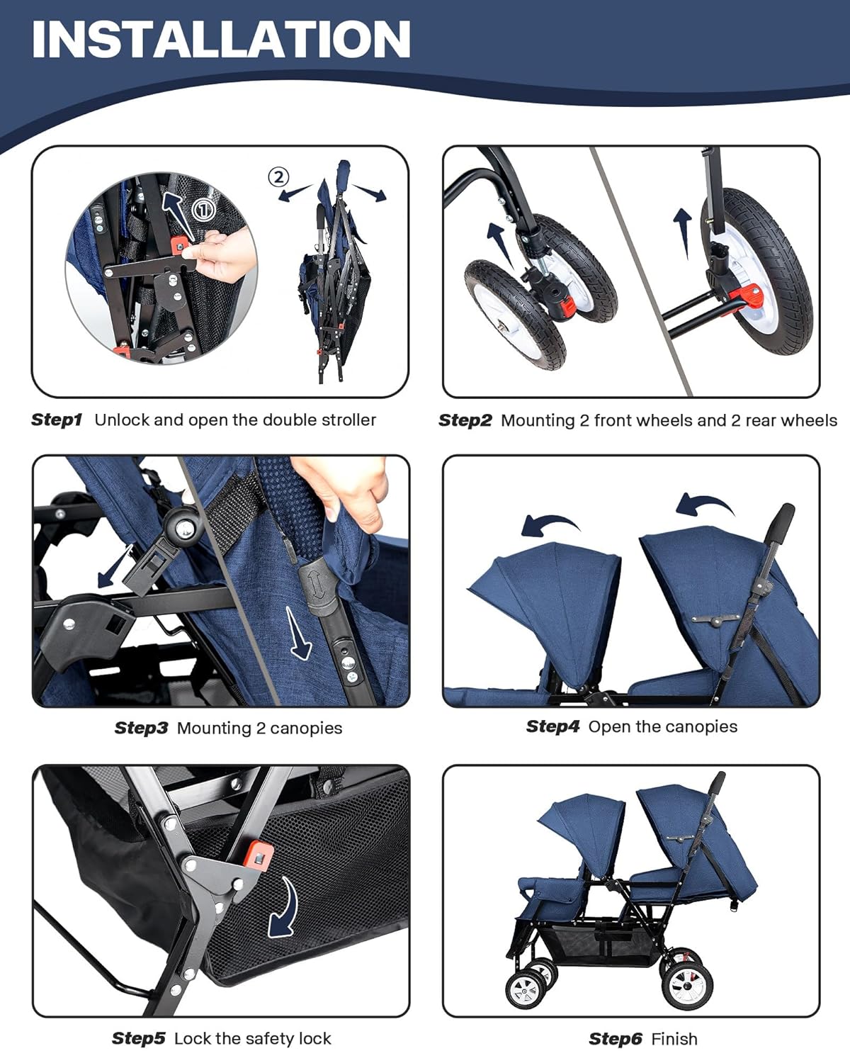 Double Stroller for Infant Toddler, Foldable Double Baby Stroller with Tandem Seating and Adjustable Backrest - Extra Gift Toys/Mosquito Net/Sleeping Mats/ 2 Cotton Pads/ 2 Hooks (Blue)