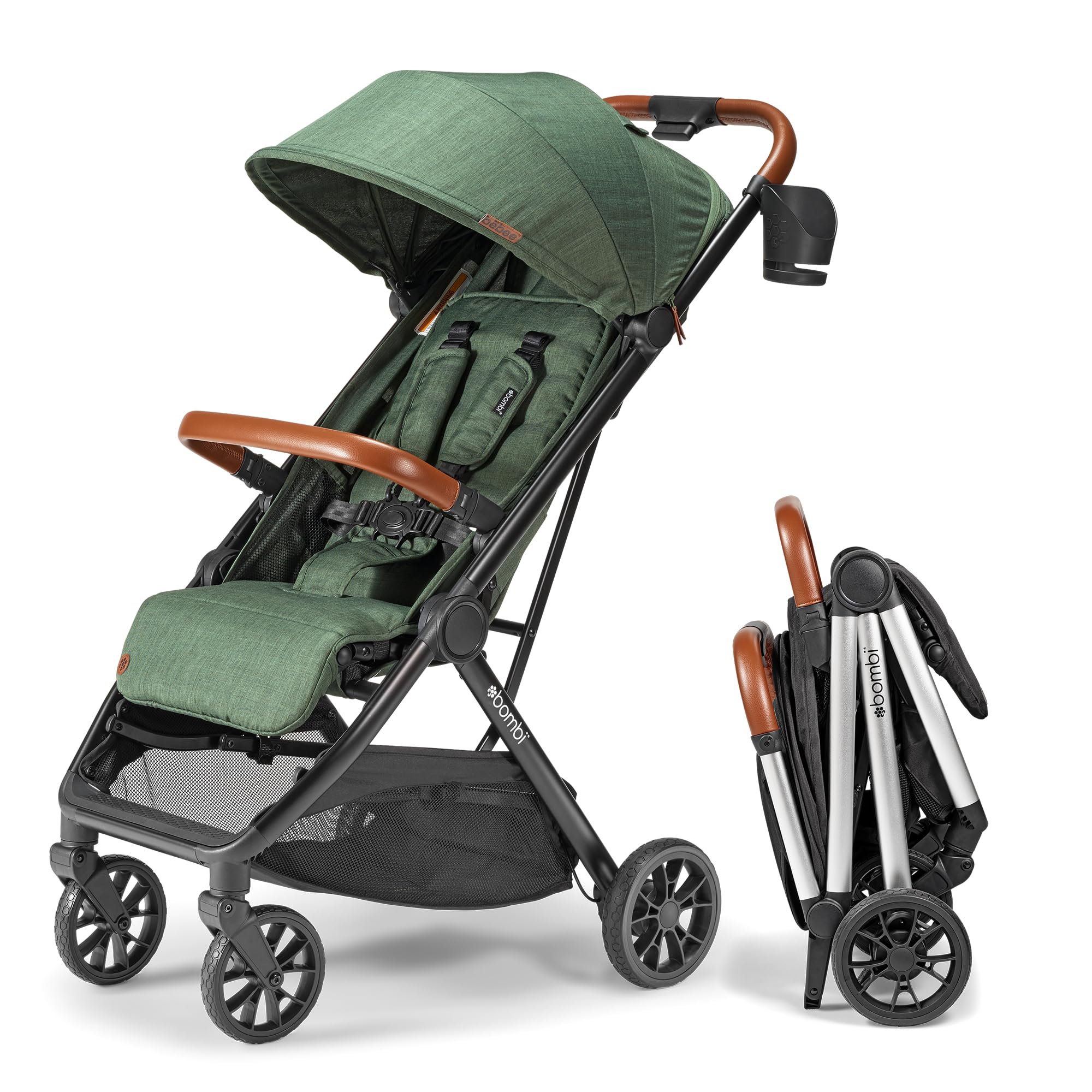 Bombi Bēbee V2 Lightweight Baby Stroller - Premium Vegan Leather, One-Hand Fold, Infinite Recline, Aircraft-Grade Aluminum Frame, XXL Canopy, and Ample Storage Umbrella Stroller - Sand