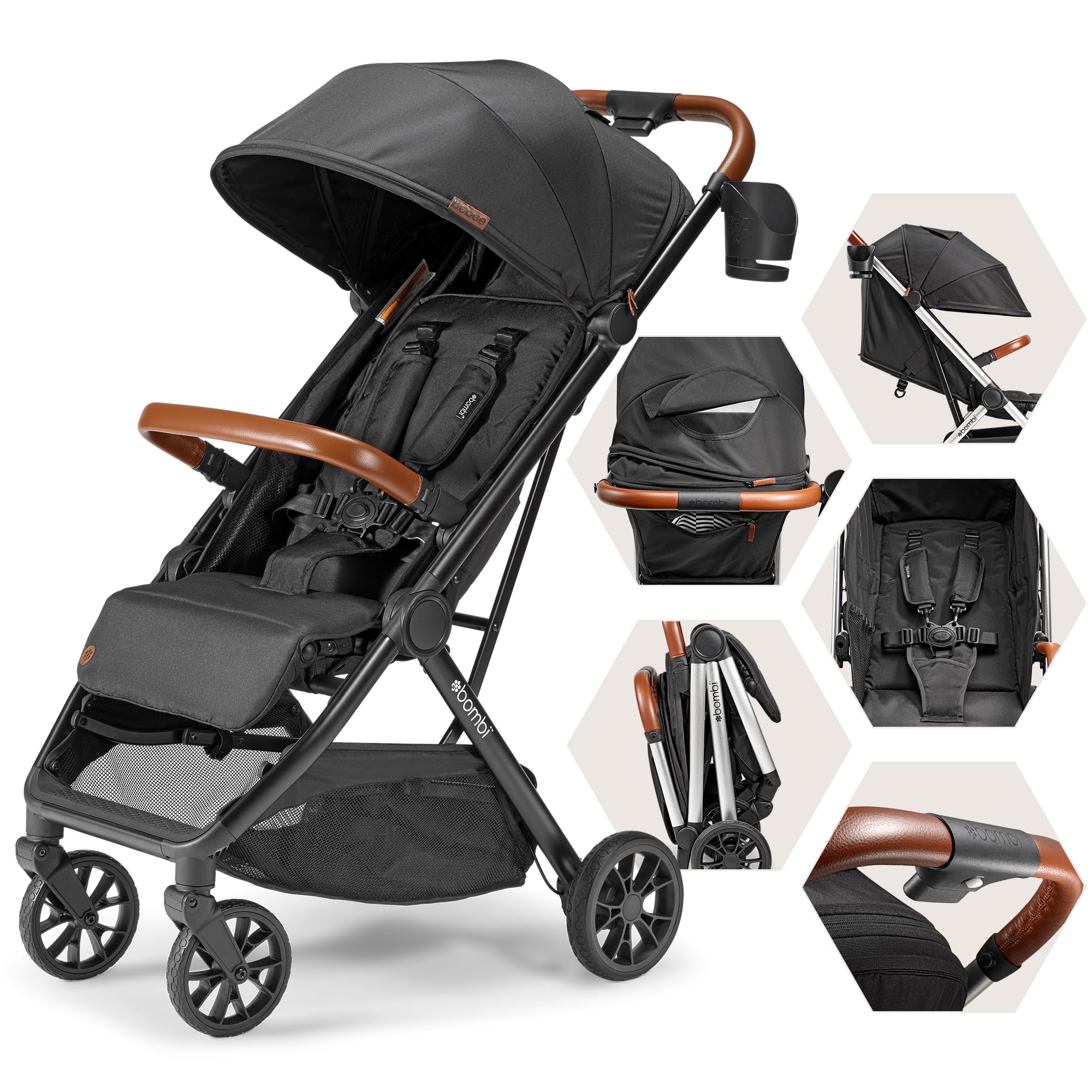 Bombi Bēbee V2 Lightweight Baby Stroller - Premium Vegan Leather, One-Hand Fold, Infinite Recline, Aircraft-Grade Aluminum Frame, XXL Canopy, and Ample Storage Umbrella Stroller - Sand
