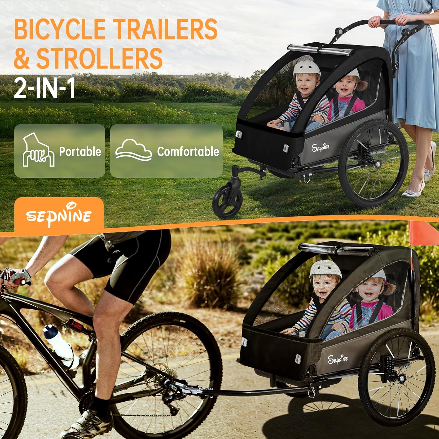 Sepnine 2-in-1 Kids Bike Trailer and Stroller with Suspension – Bike Trailer for 1 to 2 Children, Jogging Function, Foldable, 5-Point Harness, Spacious Storage, with Bug Screen and Weather Shield