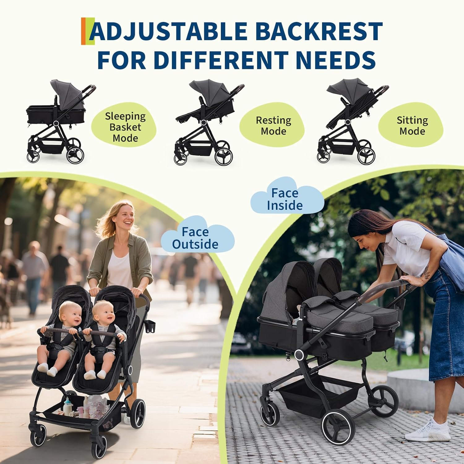 Side by Side Double Stroller for Twins, Lightweight Compact Foldable Baby Travel Stroller with High Landscape Seat, Adjustable Canopy & Recline for Infant and Toddler, Dark Grey
