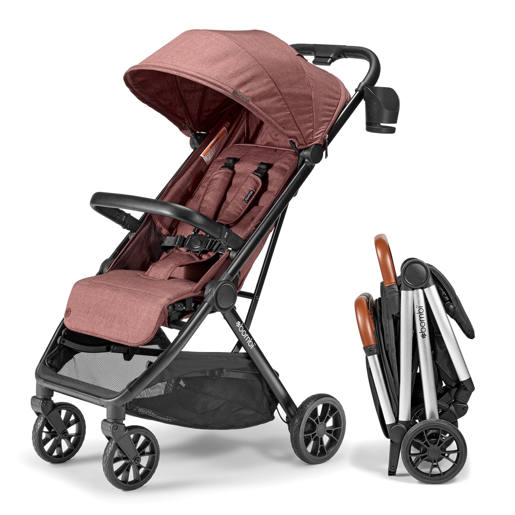 Bombi Bēbee V2 Lightweight Baby Stroller - Premium Vegan Leather, One-Hand Fold, Infinite Recline, Aircraft-Grade Aluminum Frame, XXL Canopy, and Ample Storage Umbrella Stroller - Sand