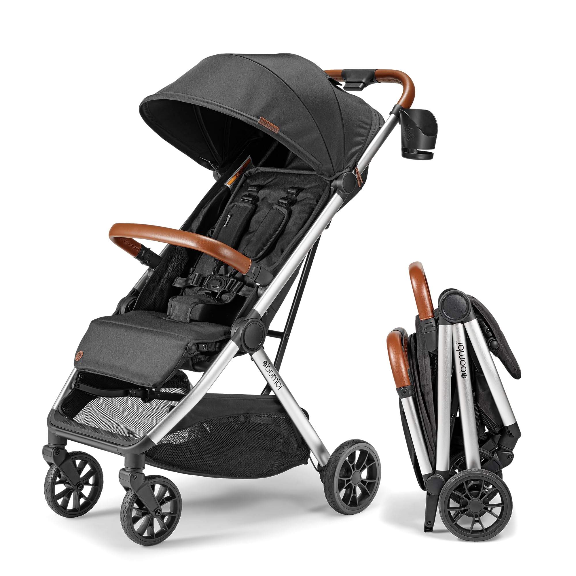 Bombi Bēbee V2 Lightweight Baby Stroller - Premium Vegan Leather, One-Hand Fold, Infinite Recline, Aircraft-Grade Aluminum Frame, XXL Canopy, and Ample Storage Umbrella Stroller - Sand