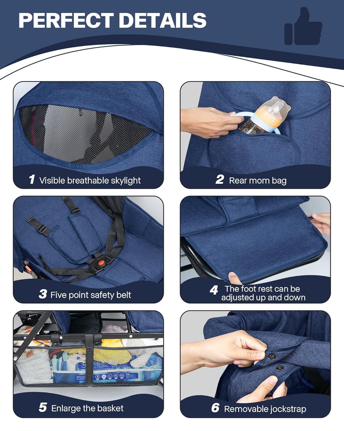 Double Stroller for Infant Toddler, Foldable Double Baby Stroller with Tandem Seating and Adjustable Backrest - Extra Gift Toys/Mosquito Net/Sleeping Mats/ 2 Cotton Pads/ 2 Hooks (Blue)